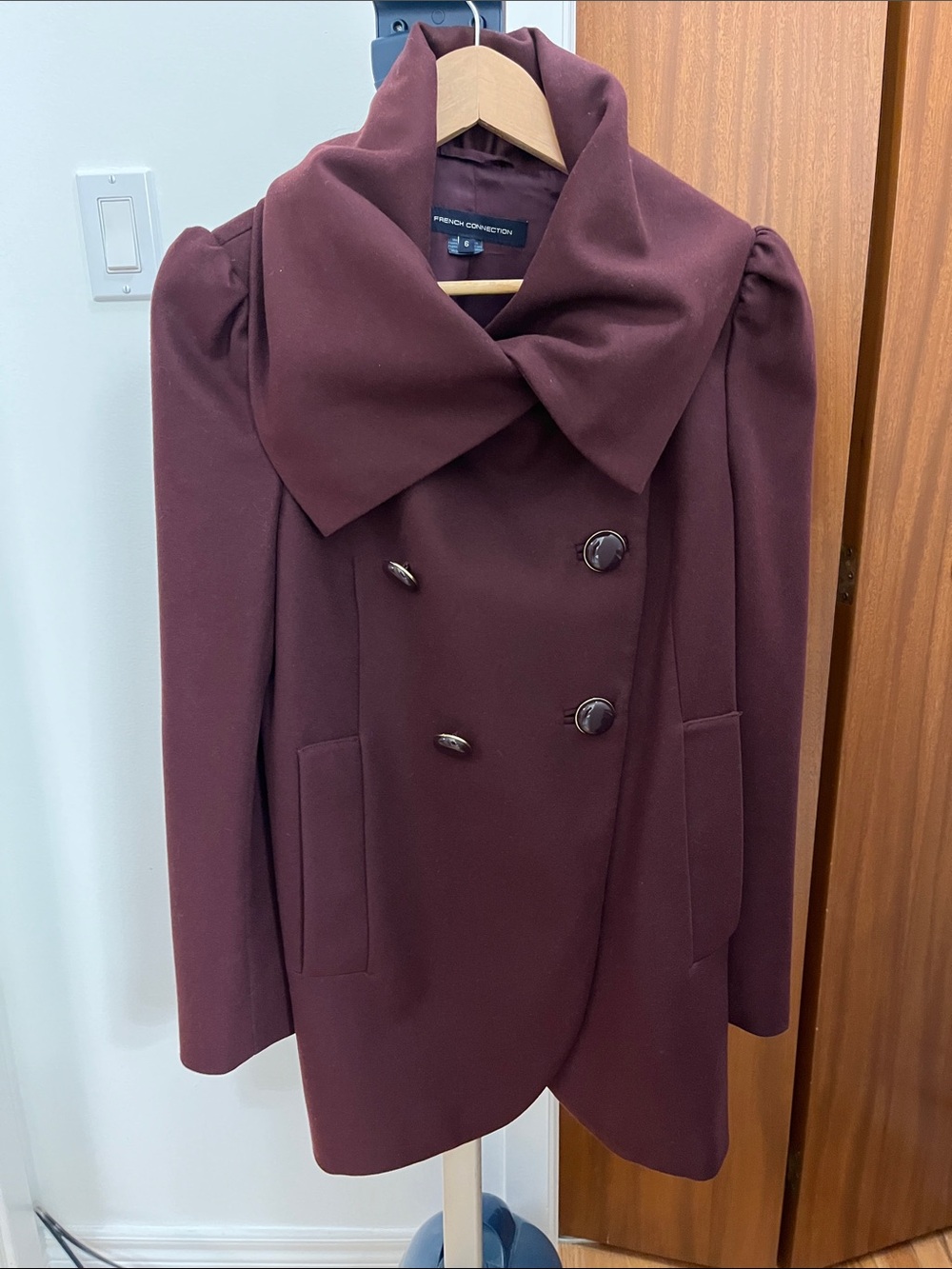French Connection Women's Double-Breasted Pea Coat in Deep Wine